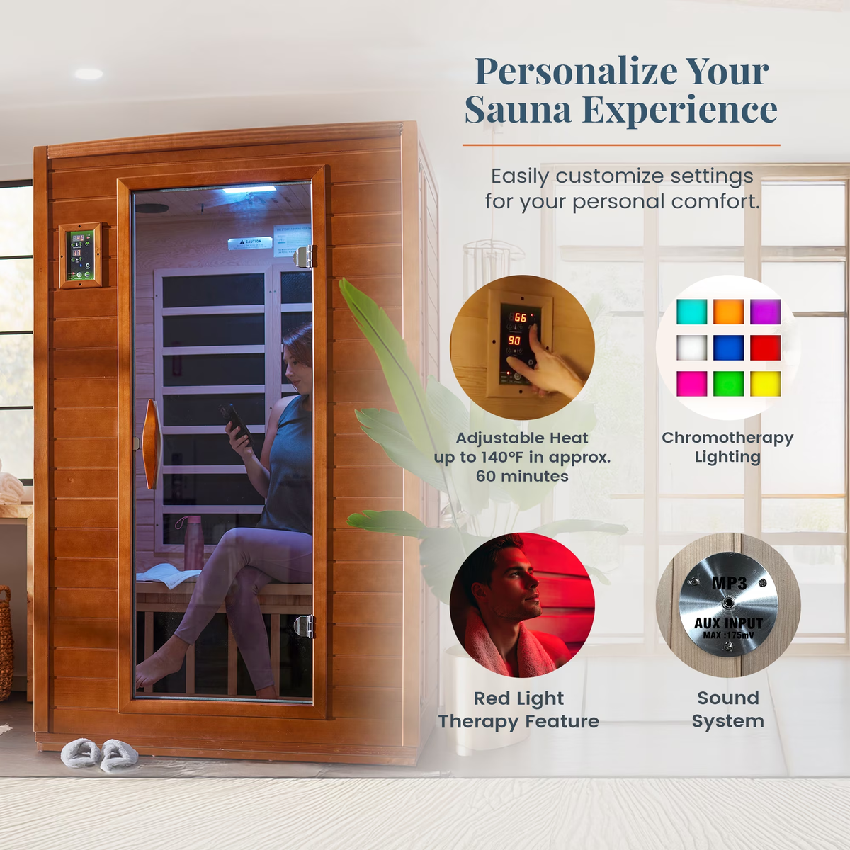Andora 2-Person Low EMF FAR Infrared Sauna, Canadian Hemlock — product view 9