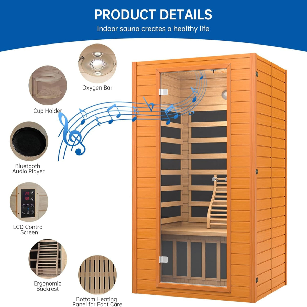 Infrared Sauna for Home, near Zero EMF Home Saunas for up to 2 Person, Indoor Dry Heat Sauna Room with Infrared Red Light Therapy, Bluetooth Speakers, Canadian Hemlock Wood — product view 5