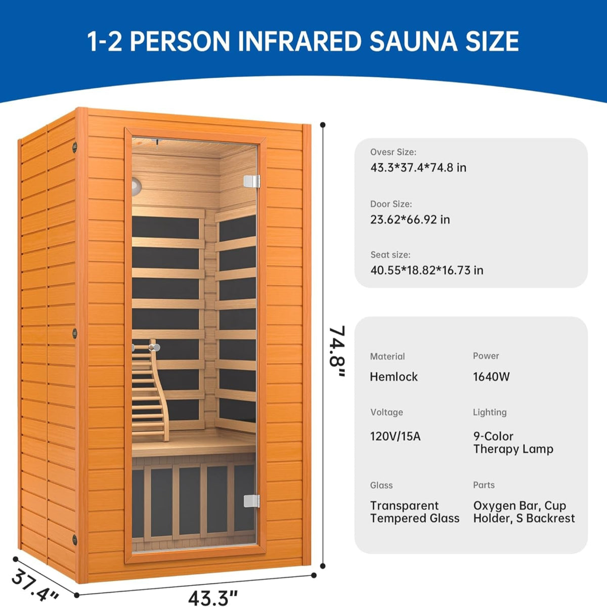 Infrared Sauna for Home, near Zero EMF Home Saunas for up to 2 Person, Indoor Dry Heat Sauna Room with Infrared Red Light Therapy, Bluetooth Speakers, Canadian Hemlock Wood — product view 8